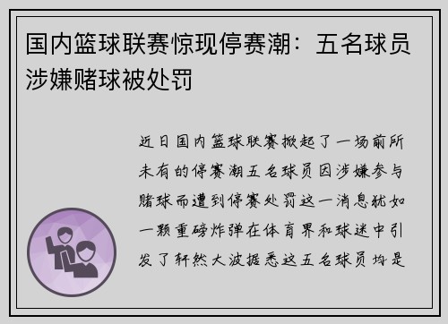 国内篮球联赛惊现停赛潮：五名球员涉嫌赌球被处罚