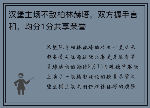 汉堡主场不敌柏林赫塔，双方握手言和，均分1分共享荣誉